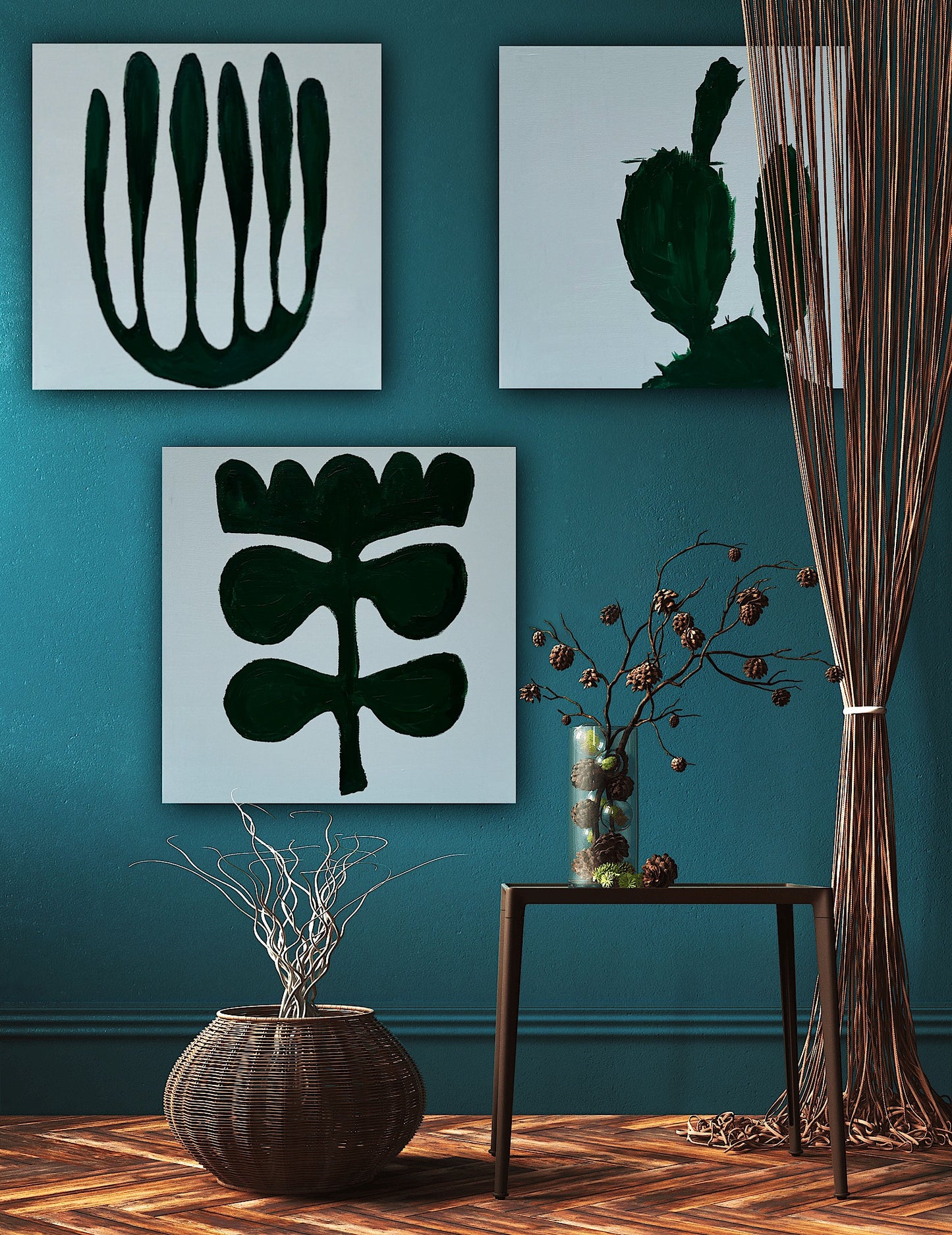 Eferi Plant Green & White Modern Abstract oil Painting On Canvas 40x40cm In Oka floral