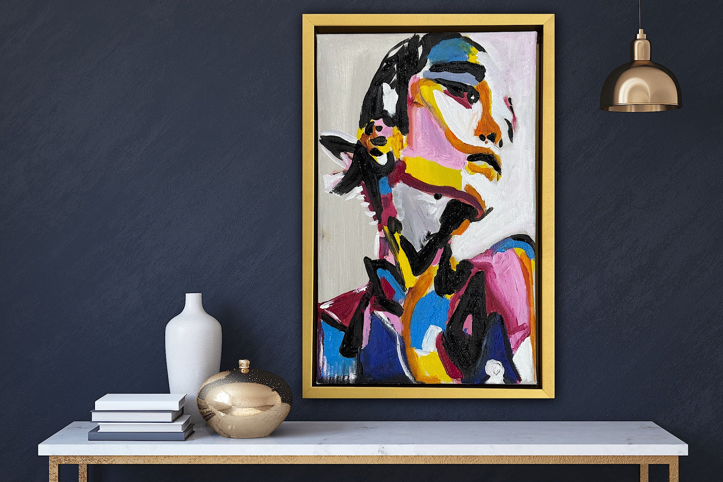 Framed in gold bronze Original Abstract Oil Painting On Canvas 36 x 24cm The Silent phoenix’ Girl Oka portrait