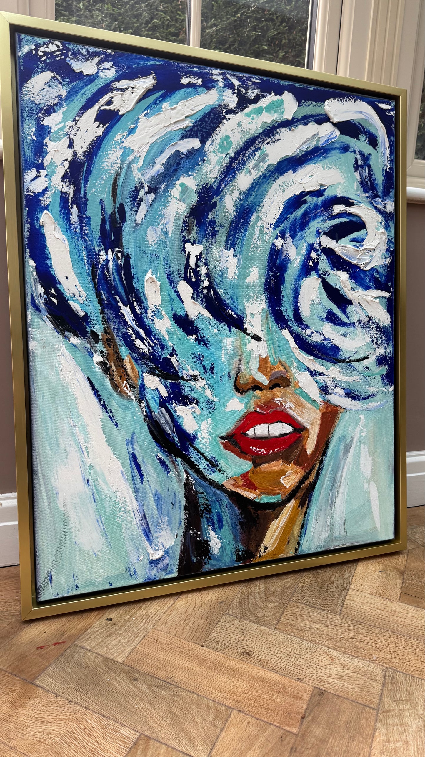Large Abstract Original Oil Painting On 80x70cm canvas Waves Woman texture Vogue portrait framed in gold bespoke frame