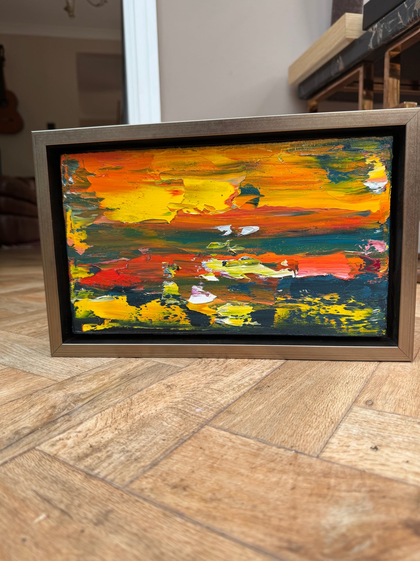 Framed in gold Original Abstract contemporary Oil Painting On Canvas 35x22cm Molten Sky