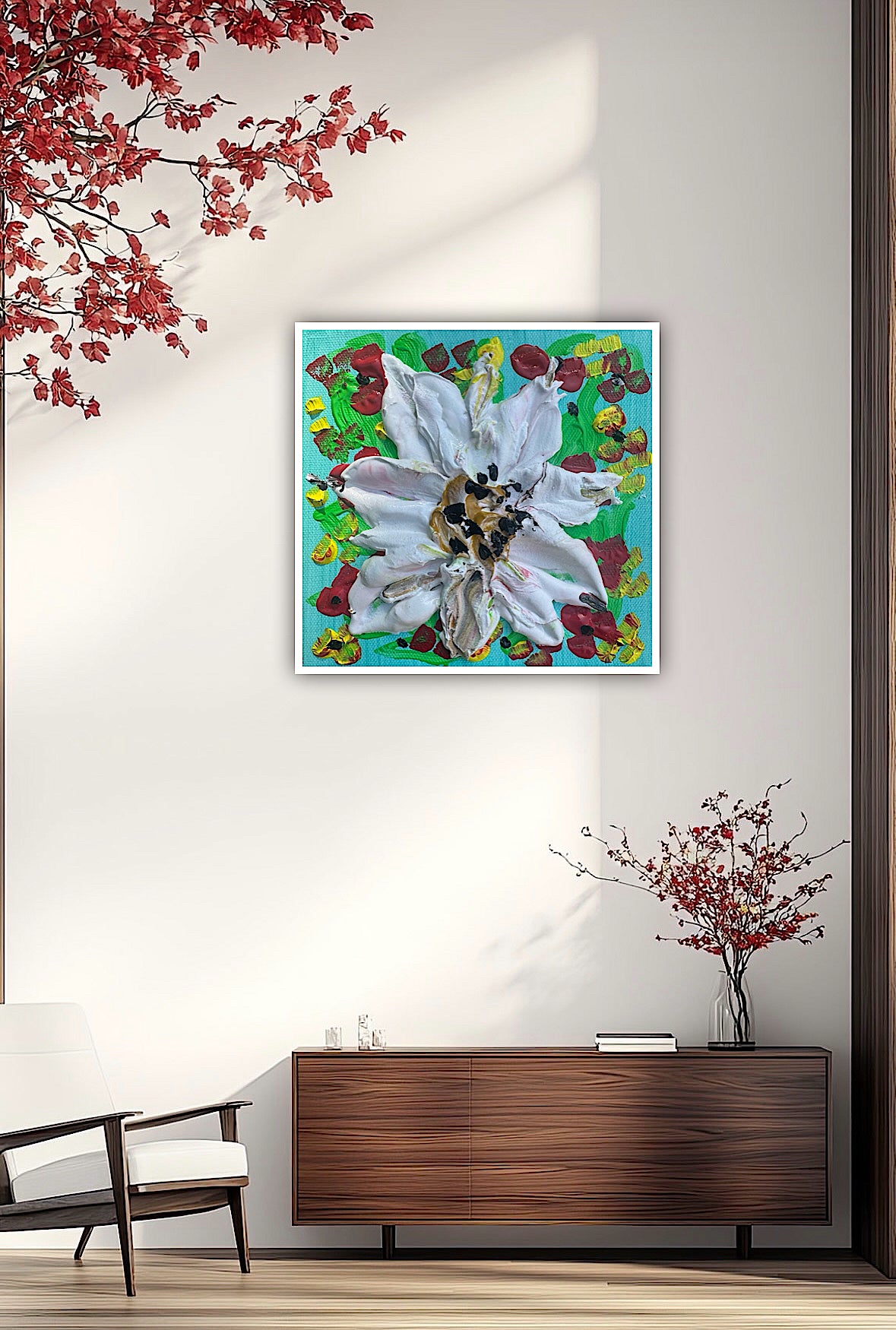 Modern Abstract Original Oil Paintings On 4cm deep Canvas ‘white flower ’  15x15cm textured