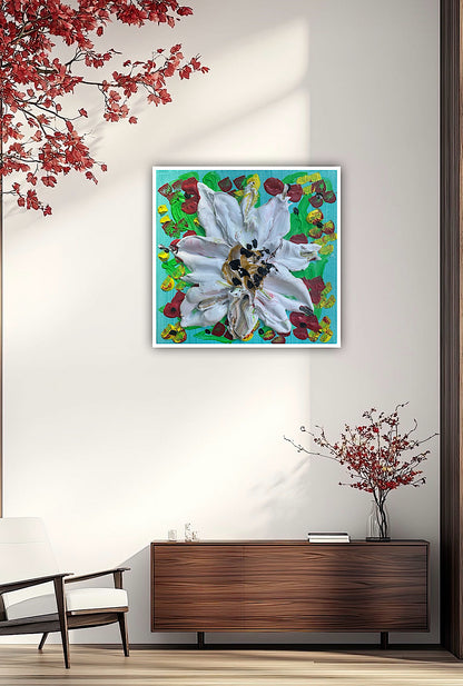 Modern Abstract Original Oil Paintings On 4cm deep Canvas ‘white flower ’  15x15cm textured