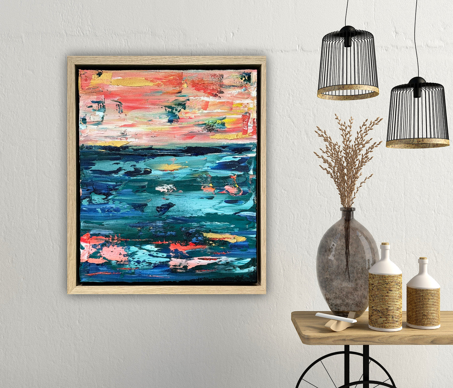 Framed in oak Original Abstract contemporary Oil Painting On Canvas 40x35cm  textured Oka Azure Ember