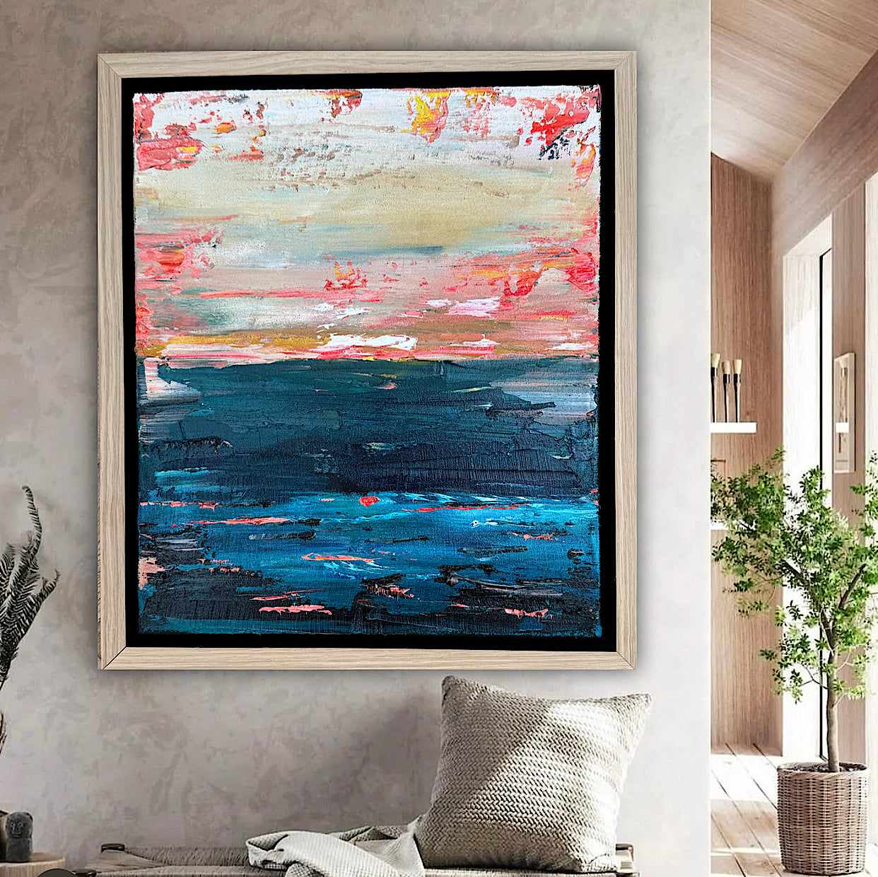 Framed in oak Original Abstract contemporary Oil Painting On Canvas 38x33cm  textured Oka Elysian Waters