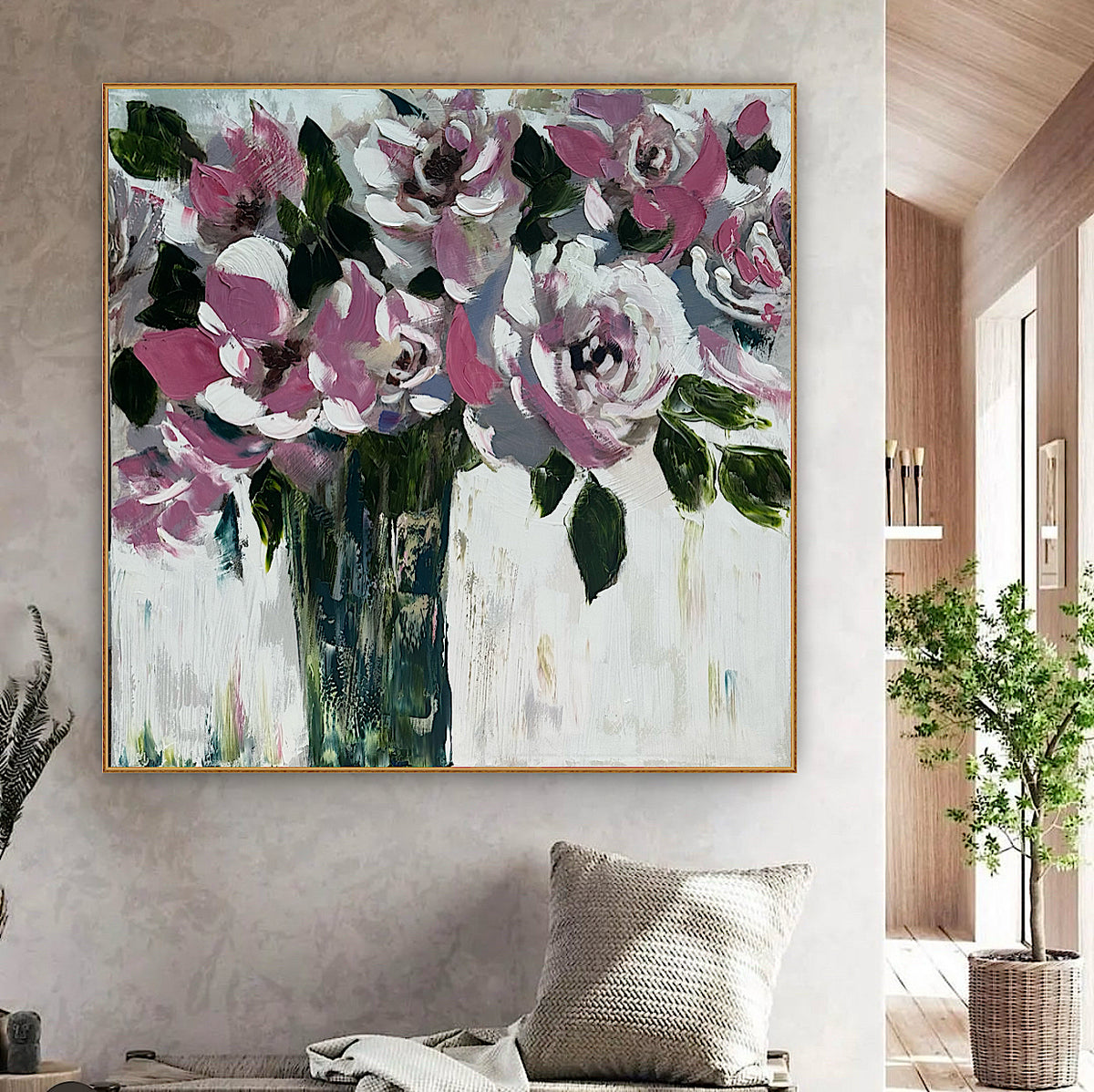 Contemporary Abstract Original Oil Painting On 60x60cm on Canvas Roses in the Vase