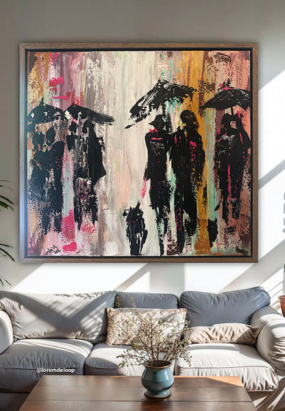 Original Abstract contemporary Oil Painting On Canvas 64cm x 60cm London in the Rain Framed in dark oak