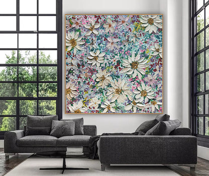 Original Abstract Oil Painting On deep edge Canvas 80x80cm Summer Flowers and more Flowers Textured