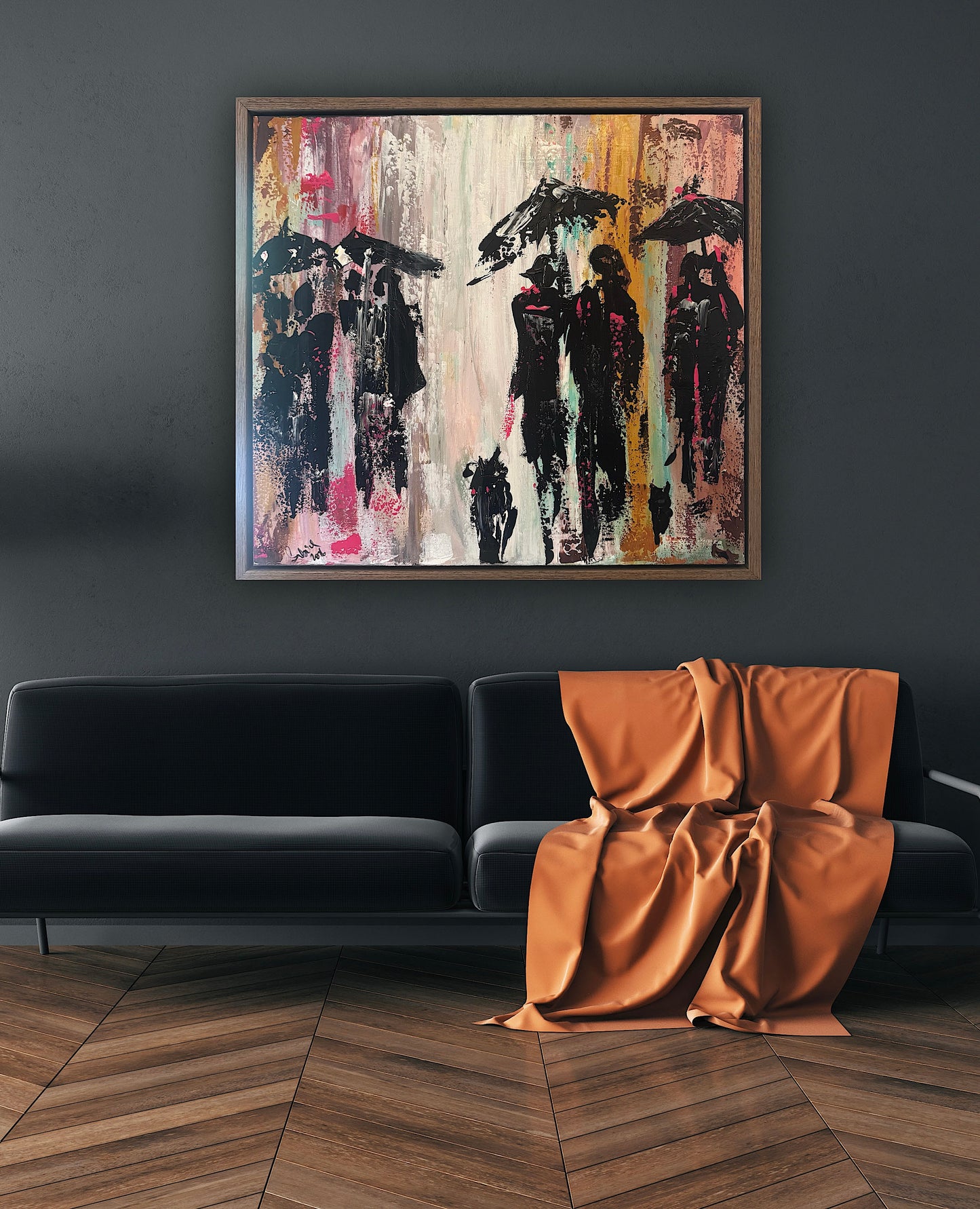 Original Abstract contemporary Oil Painting On Canvas 64cm x 60cm London in the Rain Framed in dark oak