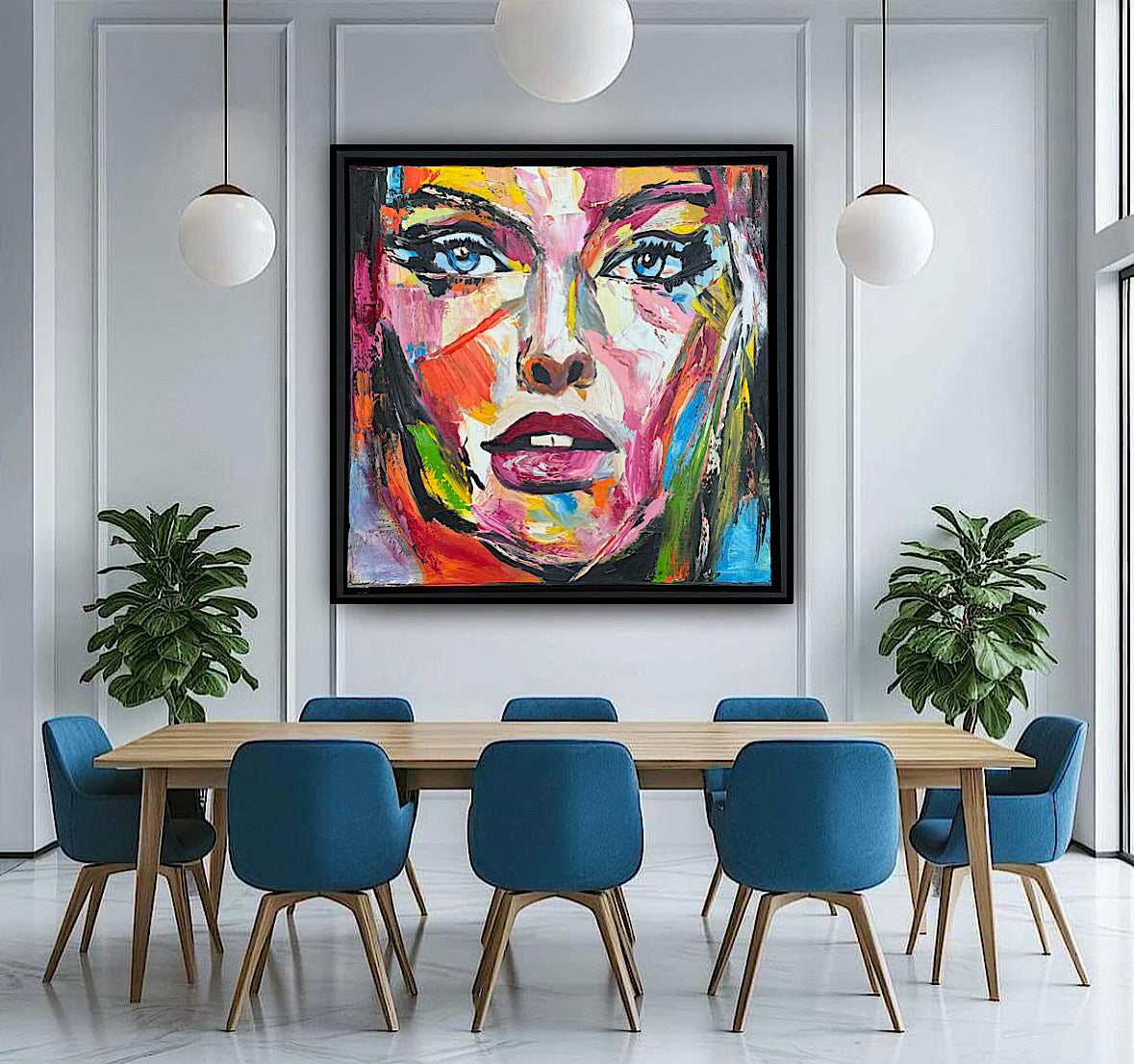 Framed in black frame Original Abstract contemporary Oil Painting On Canvas 54 x 54cm Wild Muse woman portrait