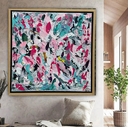 Abstract Original Oil Painting On 50x50cm canvas textured Painting ‘Summer Garden’ Oka framed in solid oak frame