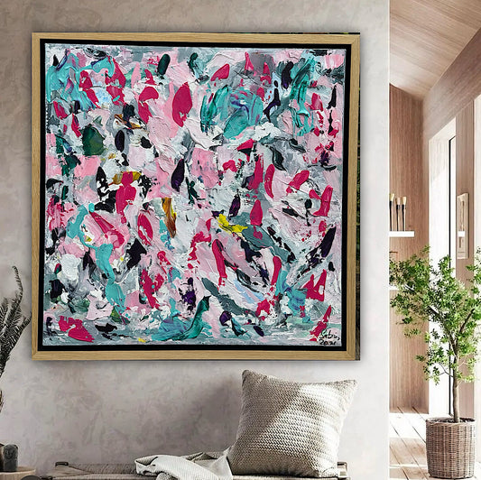 Abstract Original Oil Painting On 50x50cm canvas textured Painting ‘Summer Garden’ Oka framed in solid oak frame