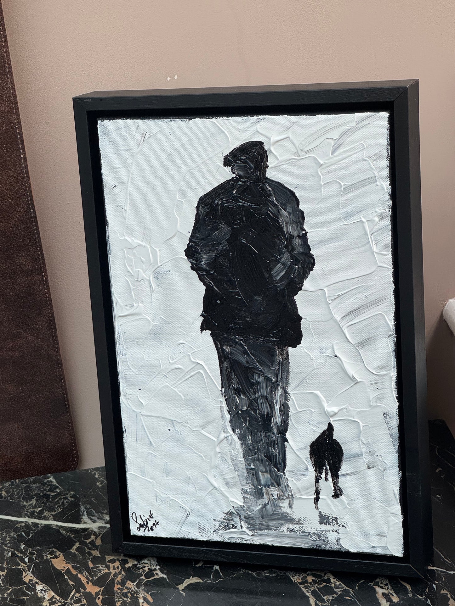 Framed Original Contemporary Abstract Oil Painting On Canvas 42cm x 29cm ‘ Pals’ man with a dog