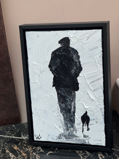 Framed Original Contemporary Abstract Oil Painting On Canvas 42cm x 29cm ‘ Pals’ man with a dog