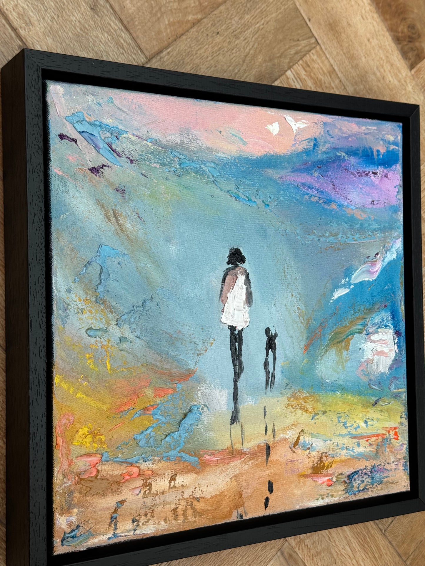Framed in black frame Original Abstract contemporary Oil Painting On Canvas 35x35cm Woman and a dog ‘Little steps ‘