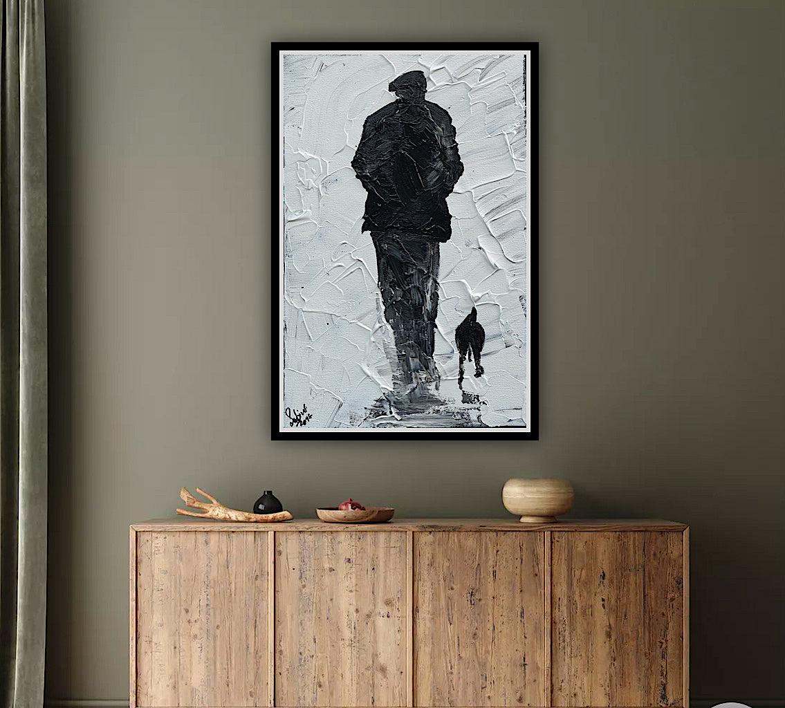 Framed Original Contemporary Abstract Oil Painting On Canvas 42cm x 29cm ‘ Pals’ man with a dog