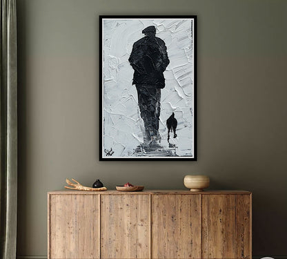 Framed Original Contemporary Abstract Oil Painting On Canvas 42cm x 29cm ‘ Pals’ man with a dog