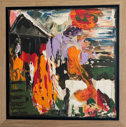 Framed Original Abstract contemporary Oil Painting On Canvas 30 x 30cm House on a Hill Oka