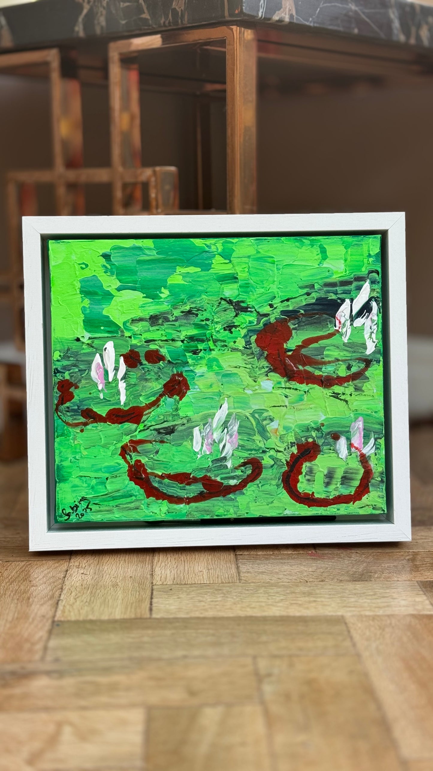 Framed Original Abstract contemporary Oil Painting On Canvas 36 x 33cm  Lily Pond oka