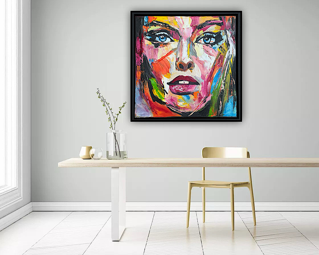 Framed in black frame Original Abstract contemporary Oil Painting On Canvas 54 x 54cm Wild Muse woman portrait