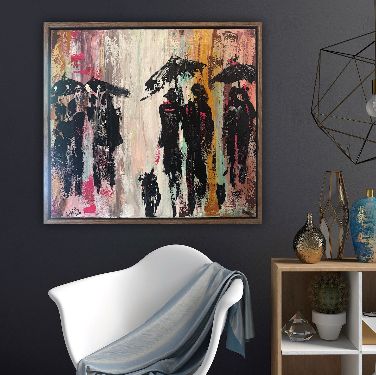 Original Abstract contemporary Oil Painting On Canvas 64cm x 60cm London in the Rain Framed in dark oak