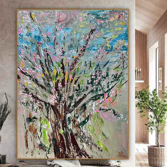Original textured abstract expressionist oil painting on canvas . Size 122 x 92cm Cherry Blossom