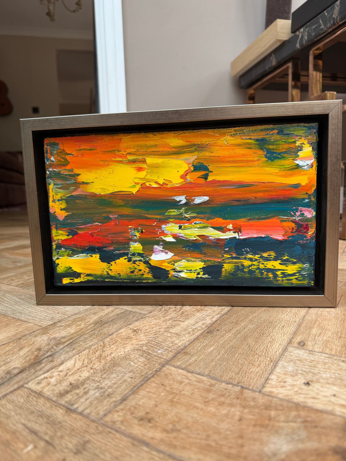 Framed in gold Original Abstract contemporary Oil Painting On Canvas 35x22cm Molten Sky