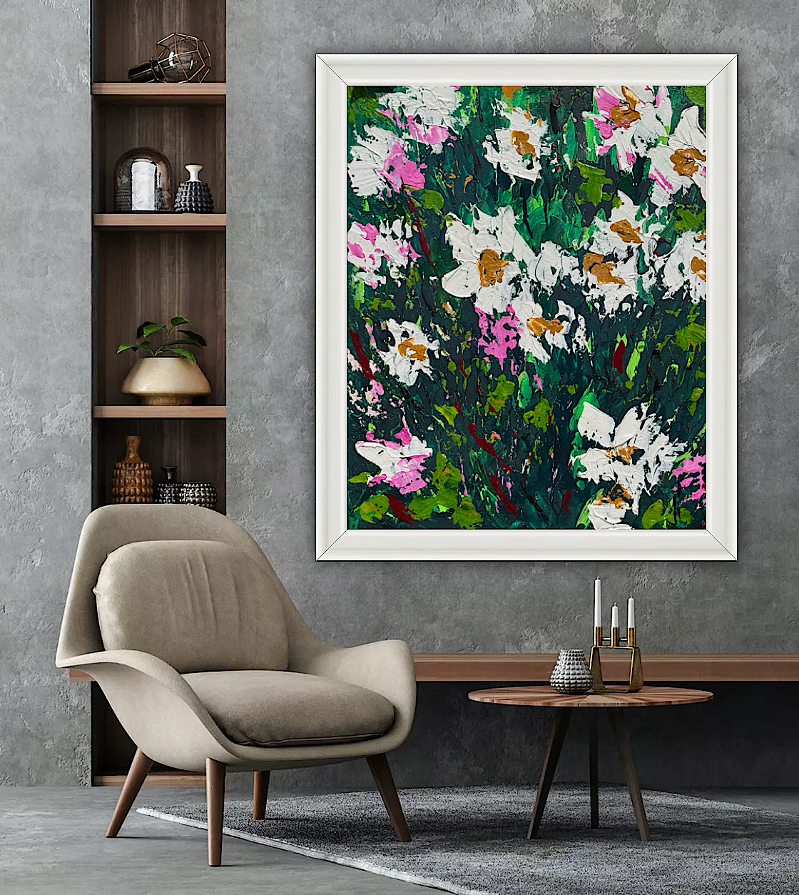Original Abstract Oil Painting On Canvas board 60 x 50cm garden white flowers I Oka