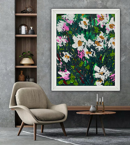 Original Abstract Oil Painting On Canvas board 60 x 50cm garden white flowers I Oka