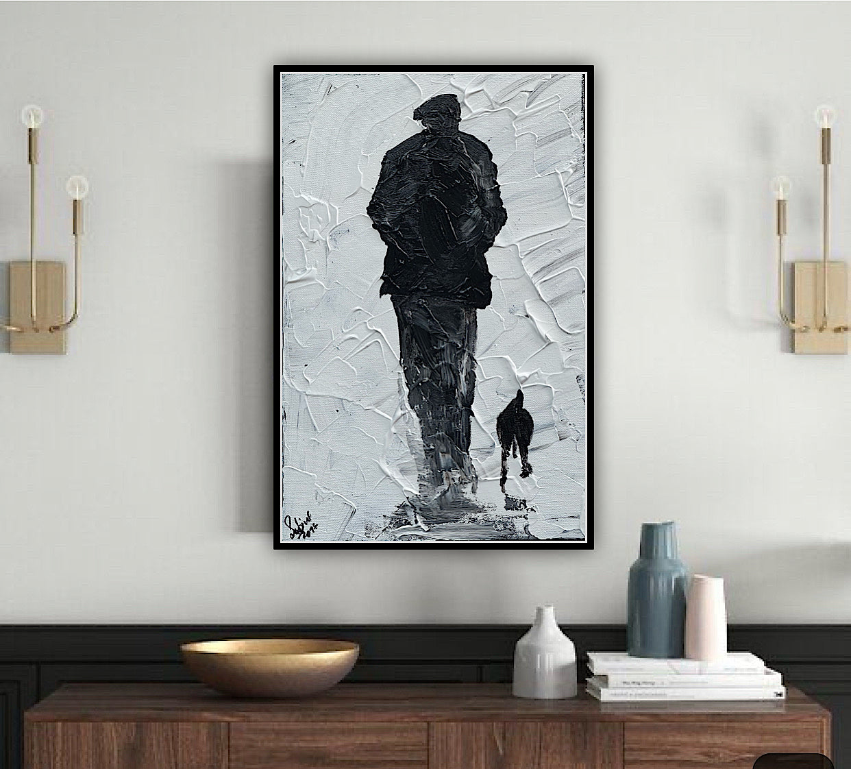 Framed Original Contemporary Abstract Oil Painting On Canvas 42cm x 29cm ‘ Pals’ man with a dog