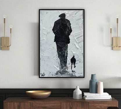 Framed Original Contemporary Abstract Oil Painting On Canvas 42cm x 29cm ‘ Pals’ man with a dog