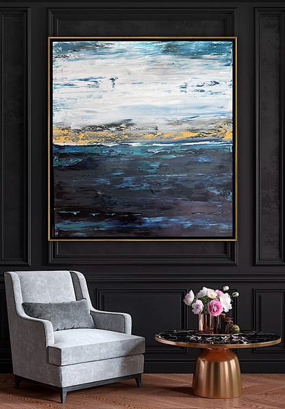 Framed in gold oak frame Original Abstract contemporary Oil Painting On Canvas 77x70cm  textured Oka Coastal Line