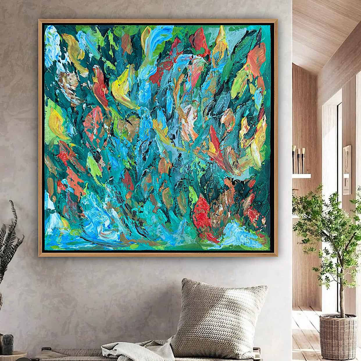 Framed in oak Original Abstract contemporary Oil Painting On Canvas 55x55cm Velvet Tides textured Oka