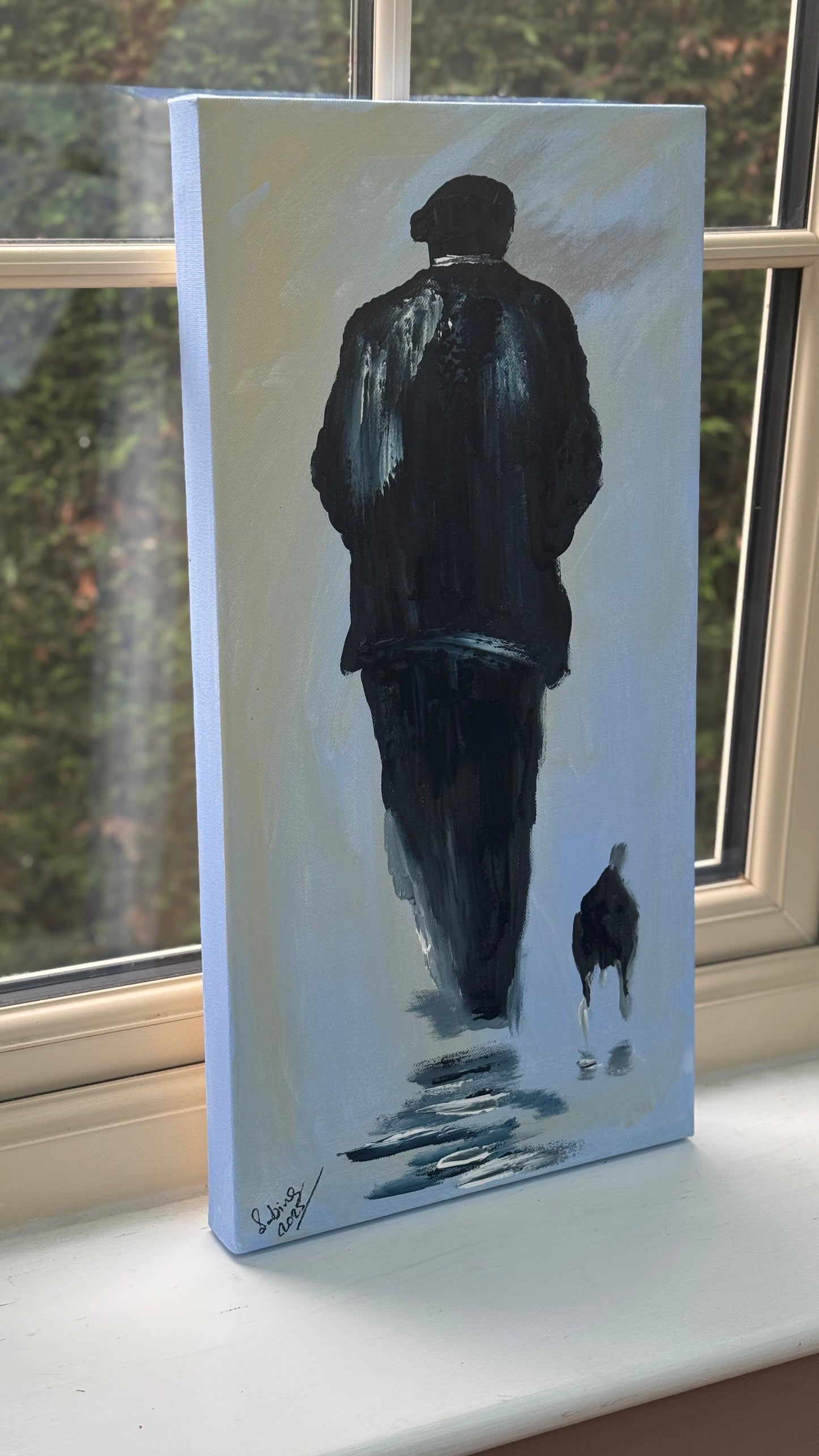 Oka Contemporary Abstract Original Oil Painting 30cm x 60cm textured Pals man with a dog