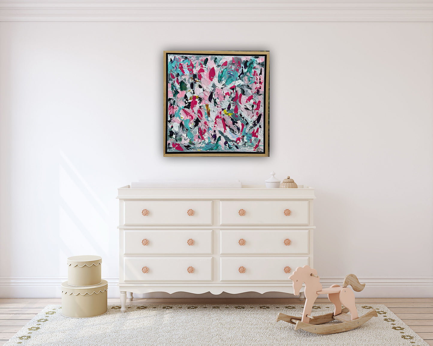 Abstract Original Oil Painting On 50x50cm canvas textured Painting ‘Summer Garden’ Oka framed in solid oak frame