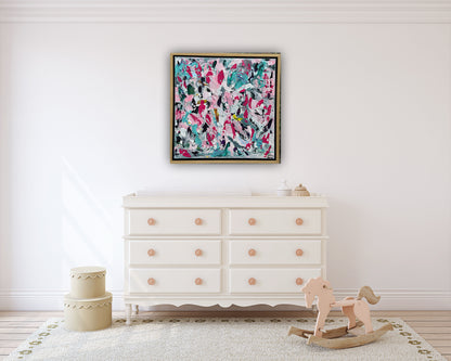 Abstract Original Oil Painting On 50x50cm canvas textured Painting ‘Summer Garden’ Oka framed in solid oak frame