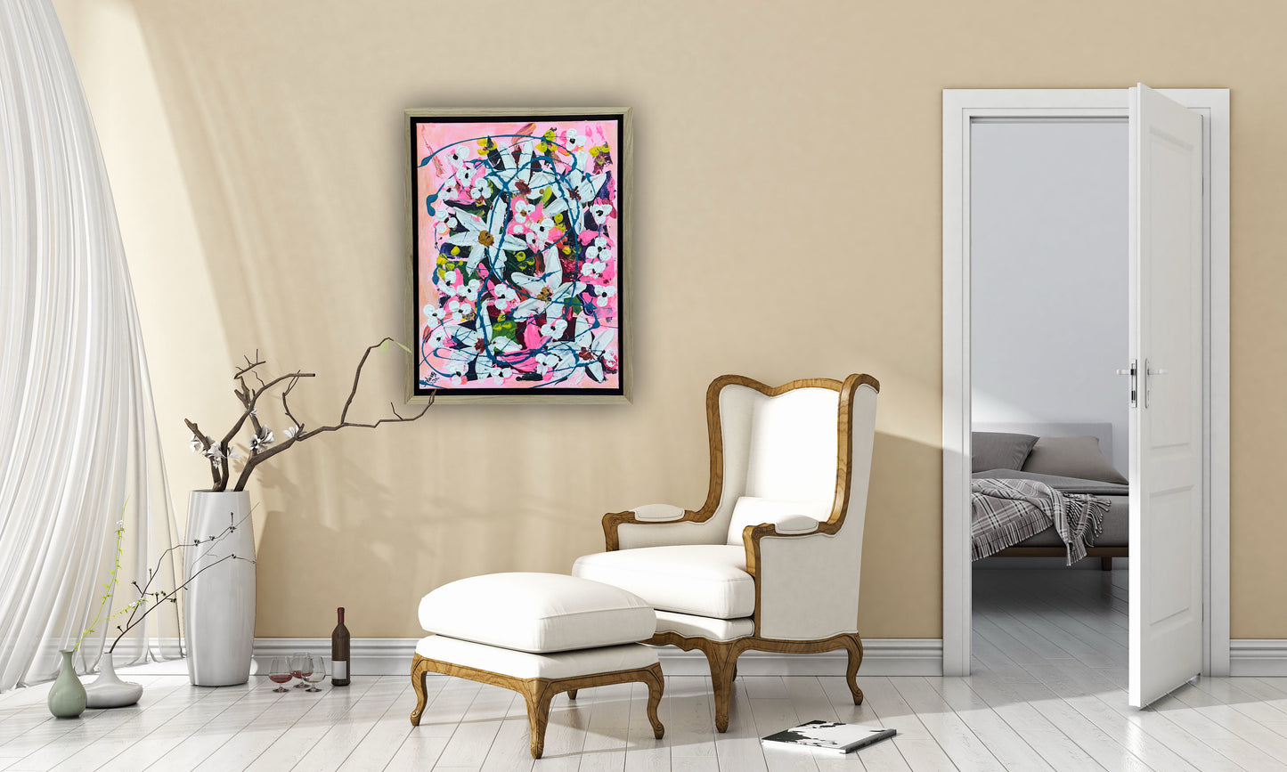Framed Original Abstract contemporary Oil Painting On Canvas 40 x 30cm white Flowers Oka