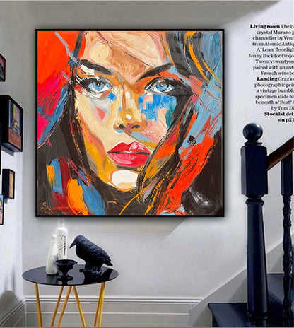 Richter Style Abstract Original Oil Painting On 100 x 100cm canvas Blue eyes  woman portrait