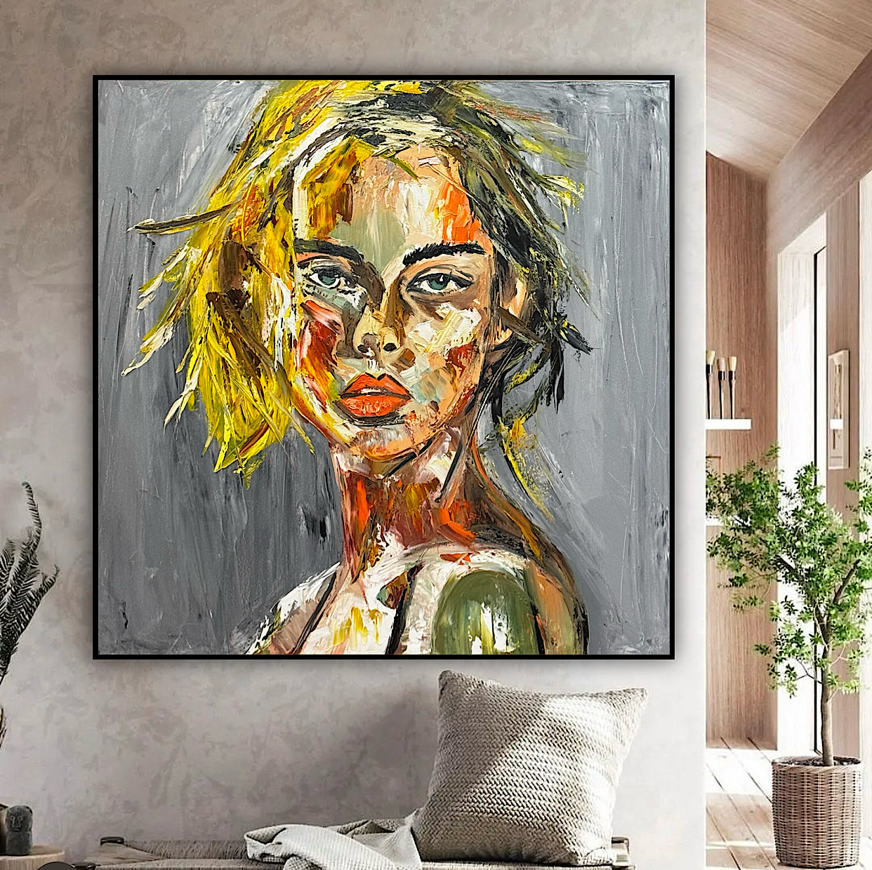 Modern Abstract Original Oil Painting On Canvas Careless Love  Portrait 60x60cm