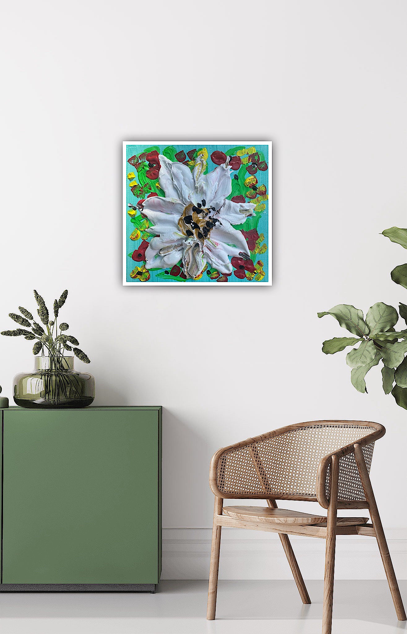 Modern Abstract Original Oil Paintings On 4cm deep Canvas ‘white flower ’  15x15cm textured