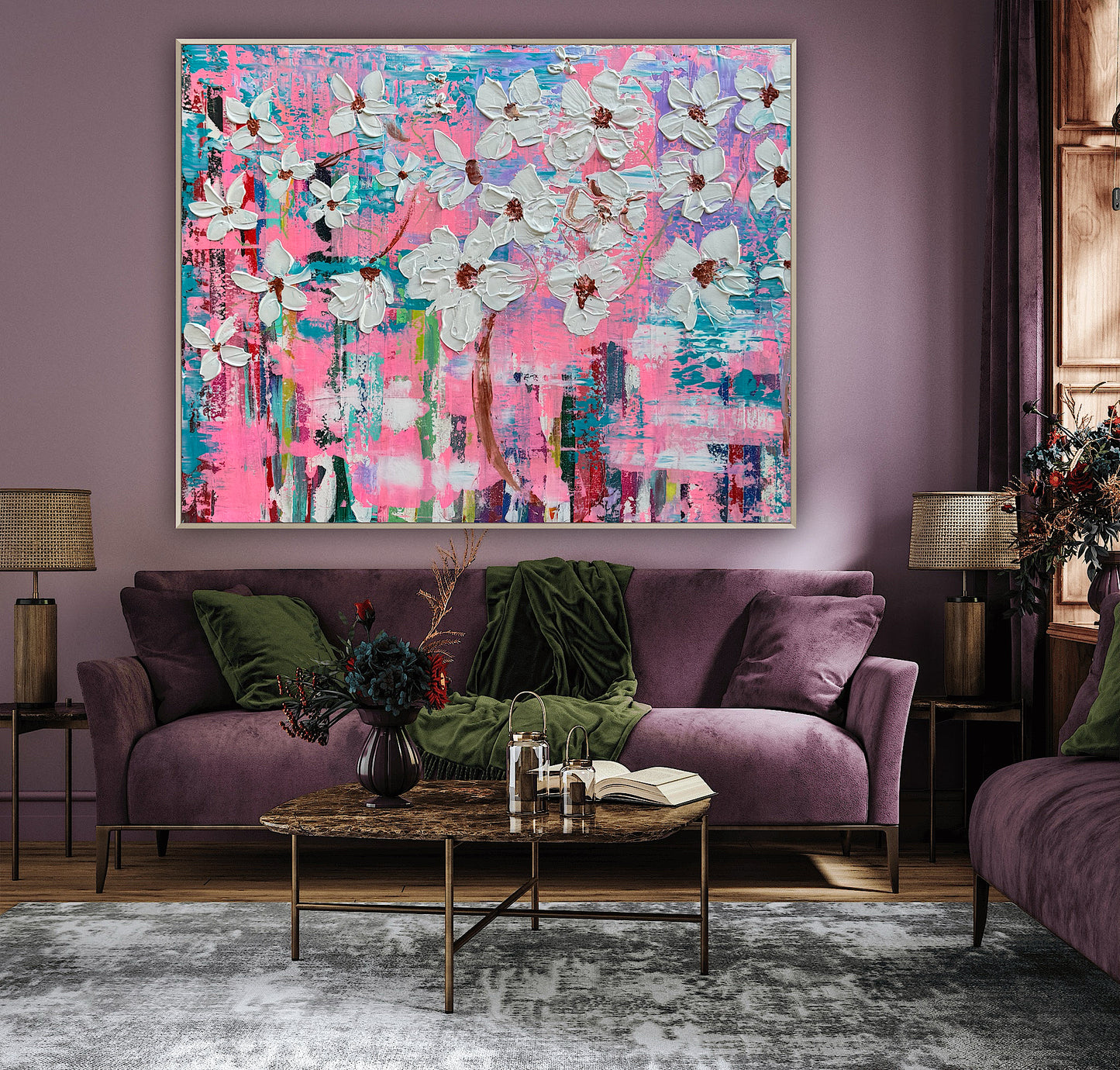 Large Abstract Original Oil Painting On 100x77cm canvas ‘White Flowers ’ vogue oka