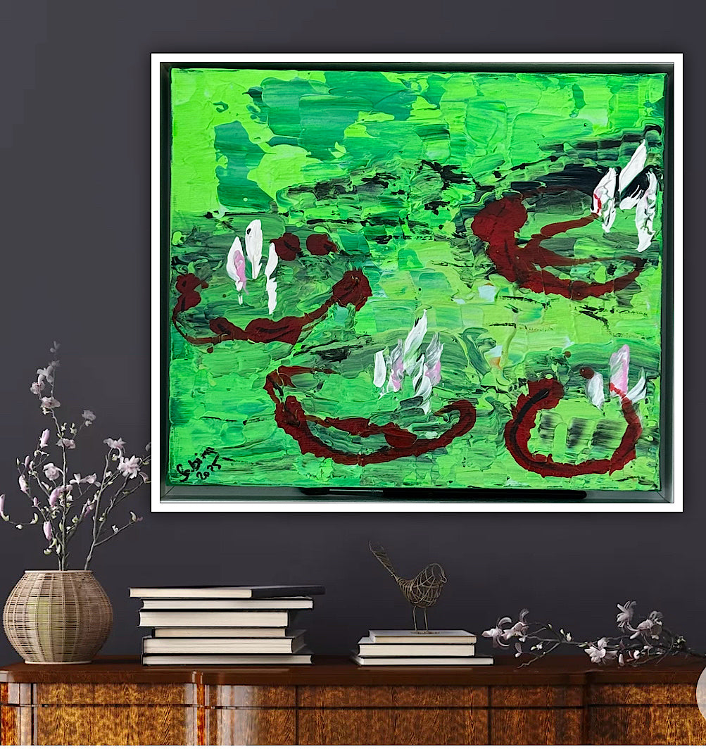 Framed Original Abstract contemporary Oil Painting On Canvas 36 x 33cm  Lily Pond oka