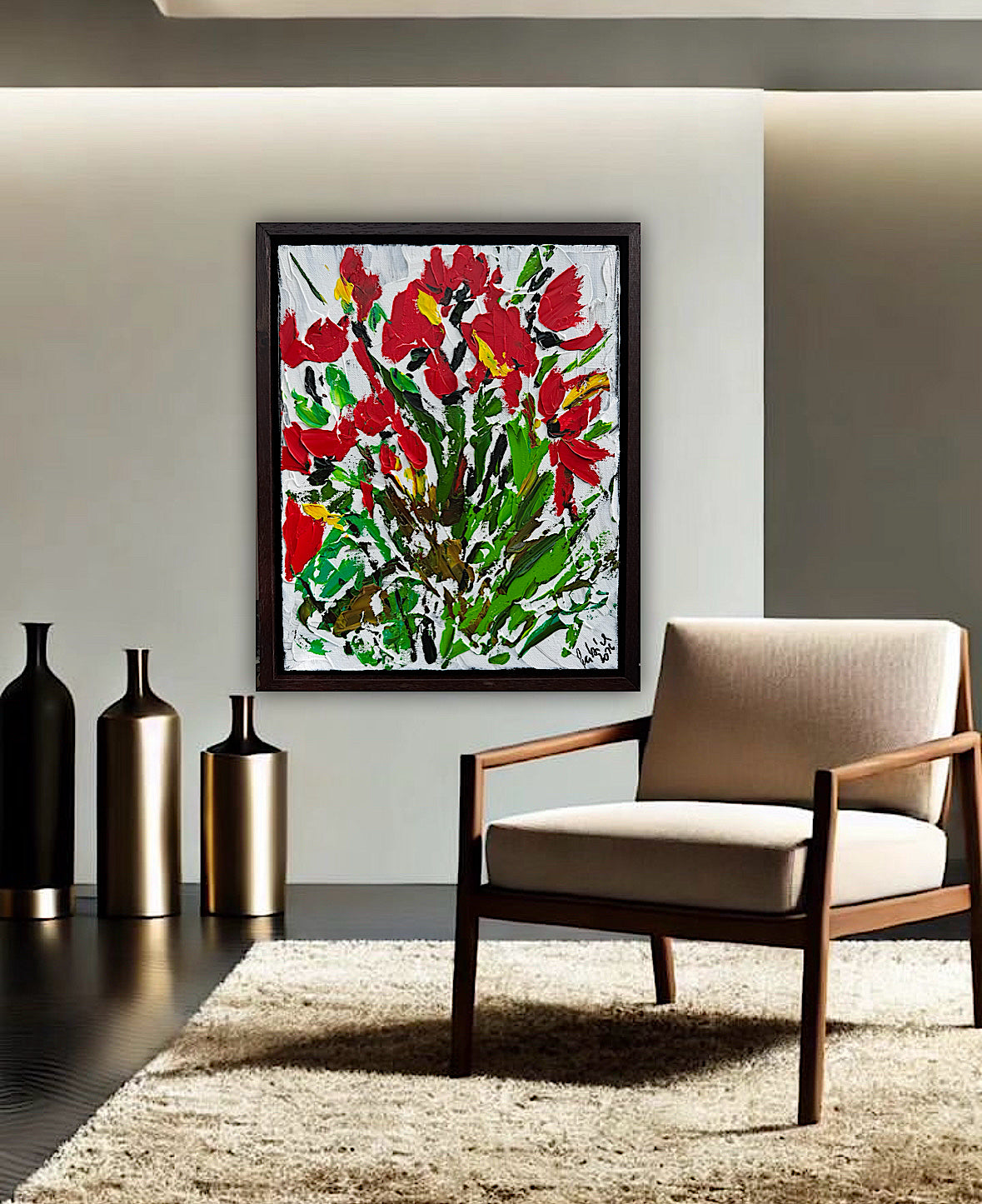 Framed Original Contemporary Abstract Oil Painting On Canvas 38 x 32cm ‘ Red Flowers