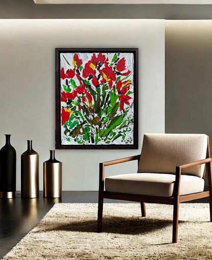 Framed Original Contemporary Abstract Oil Painting On Canvas 38 x 32cm ‘ Red Flowers