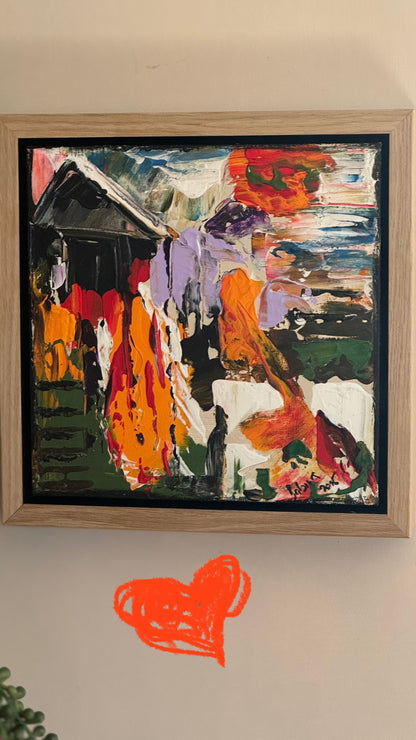 Framed Original Abstract contemporary Oil Painting On Canvas 30 x 30cm House on a Hill Oka