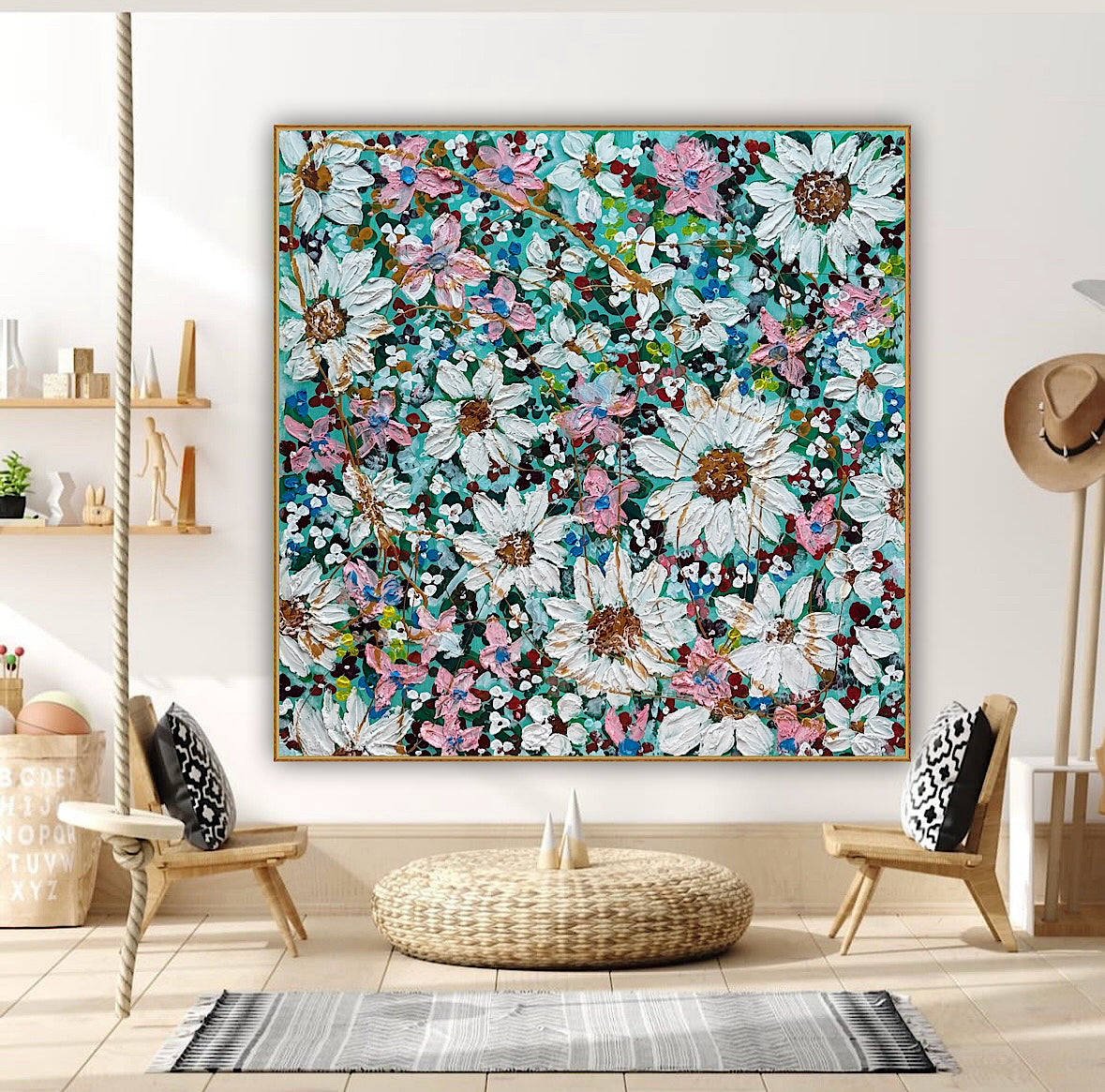 Original Abstract Oil Painting On deep edge Canvas 100x100cm Daisies & more Flowers Textured