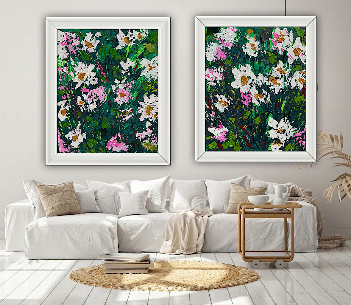 Original Abstract Oil Painting On Canvas board 60 x 50cm garden white flowers I Oka