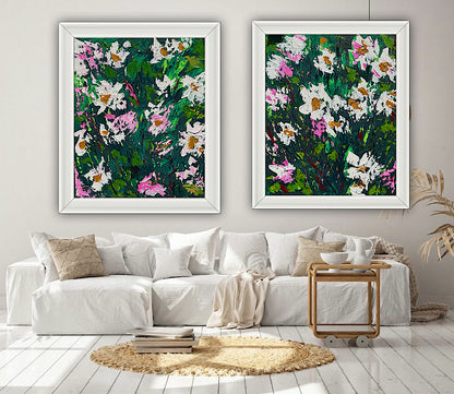 Original Abstract Oil Painting On Canvas board 60 x 50cm garden white flowers I Oka