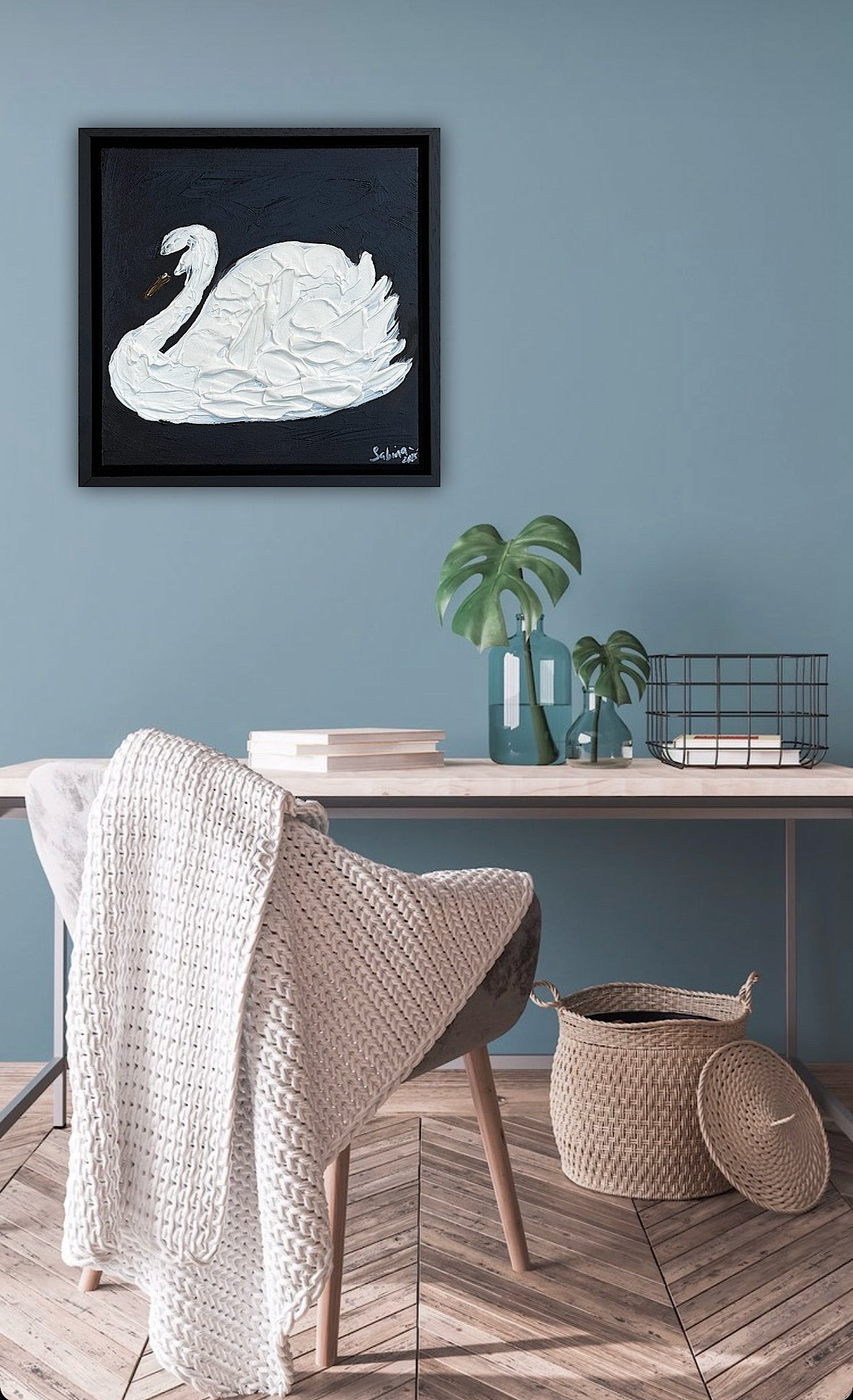 Framed Original Abstract contemporary Oil Painting On Canvas 30x30cm Swan Nocturne oka