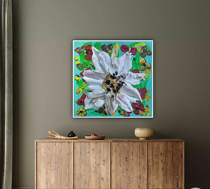 Modern Abstract Original Oil Paintings On 4cm deep Canvas ‘white flower ’  15x15cm textured