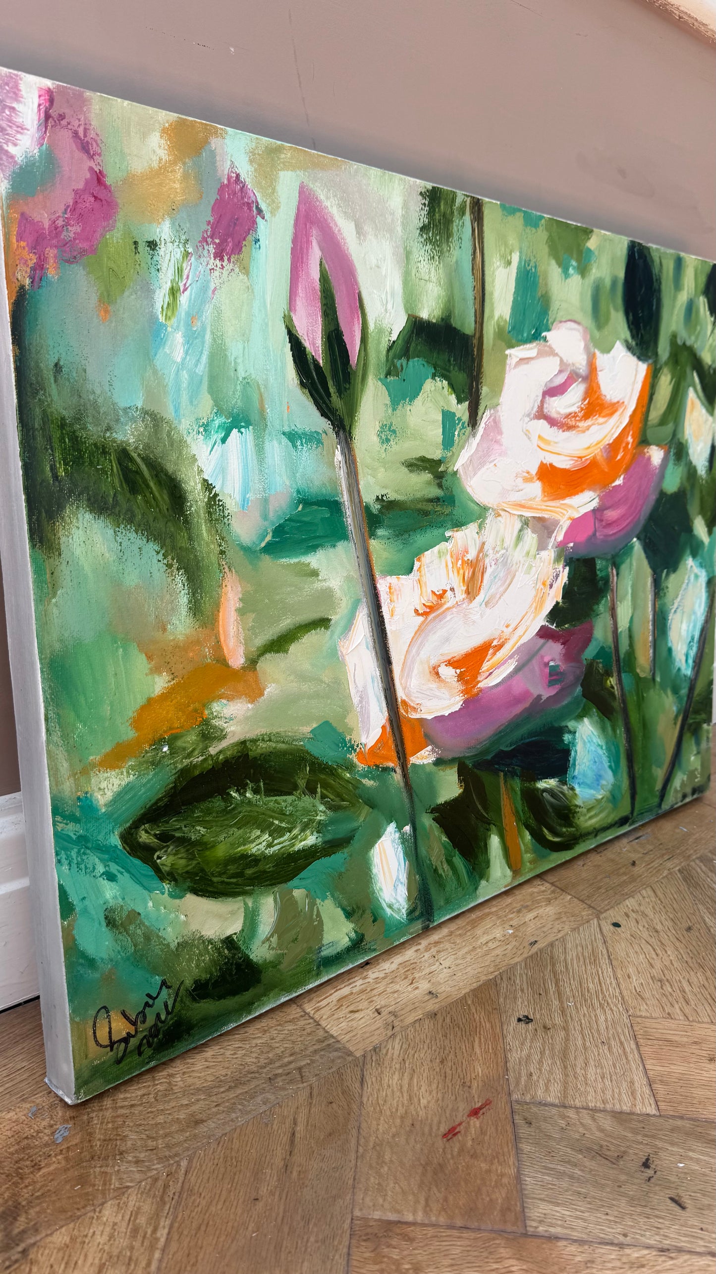 Renoir Summer white Roses Original abstract Oil Painting On Canvas 60x46cm